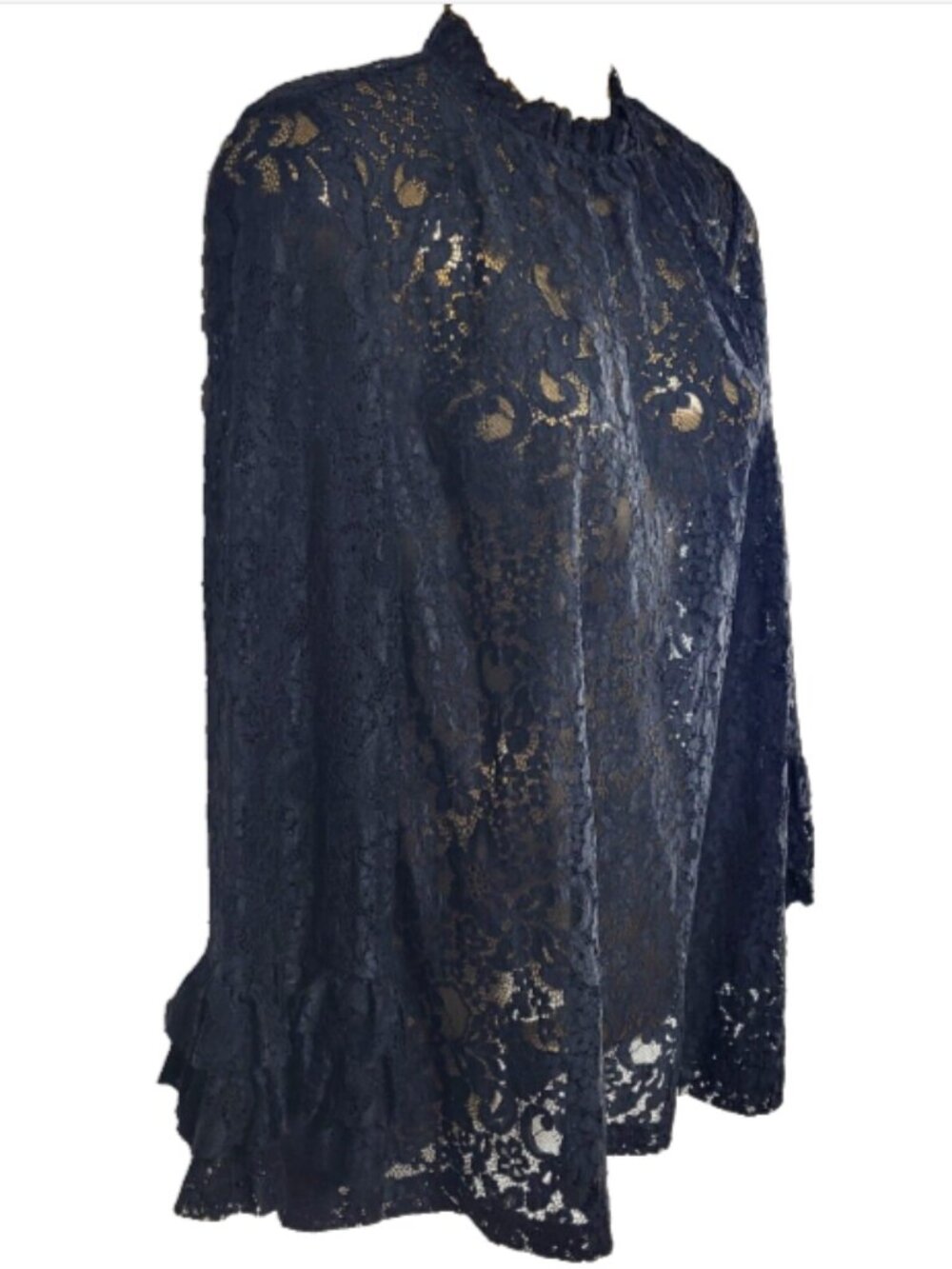 ZARA X-Small Sheer Black Lace Blouse Pullover Bell Sleeves 3 Tiered Lace Cuff - Picture 4 of 14